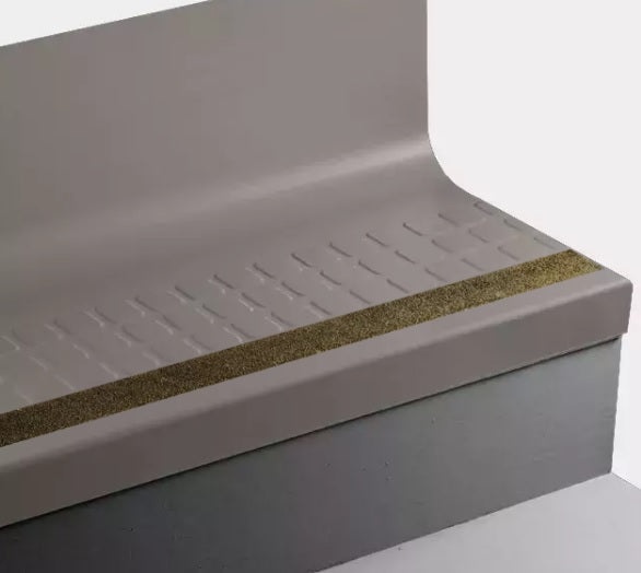 Johnsonite Toast Raised Square Rubber Stair Tread with Riser, 19" x 84", Angle Fit, Tan Grit Tape – Textured