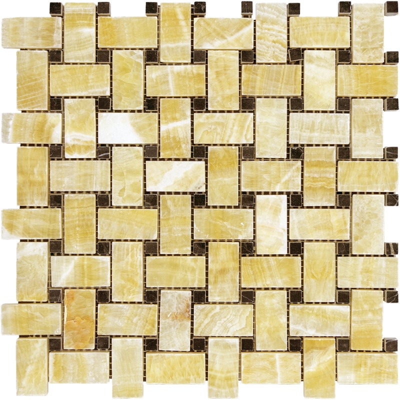 Honey Onyx Mosaic - Basket Weave With Black Dots - Polished