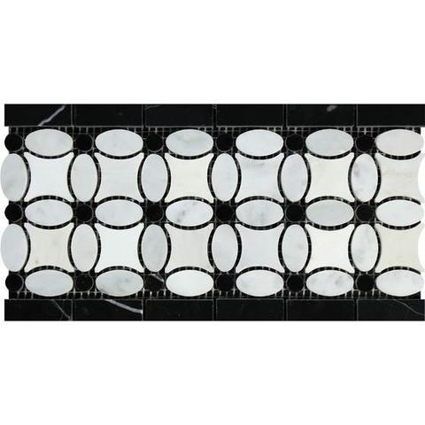 White Carrara Marble Border - 5 3/4" X 11 1/4" Flower Border With Thassos White & Black Dots