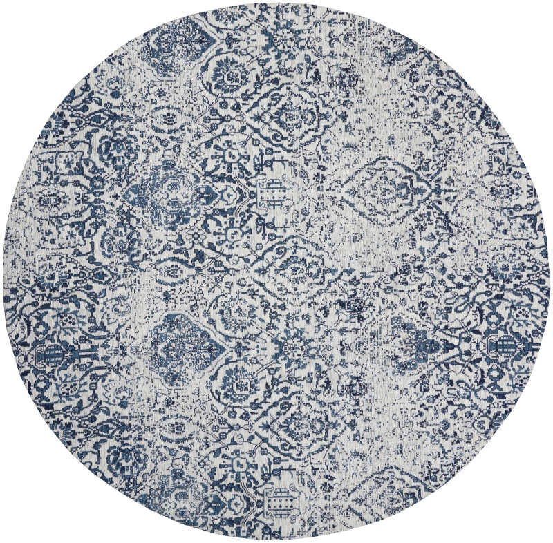 Damask Ivory / Navy Polyester Vintage Area Rug