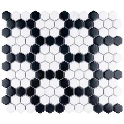 Metro White With Black Honeycomb Porcelain Mosaic - 1" Hexagon - Matte