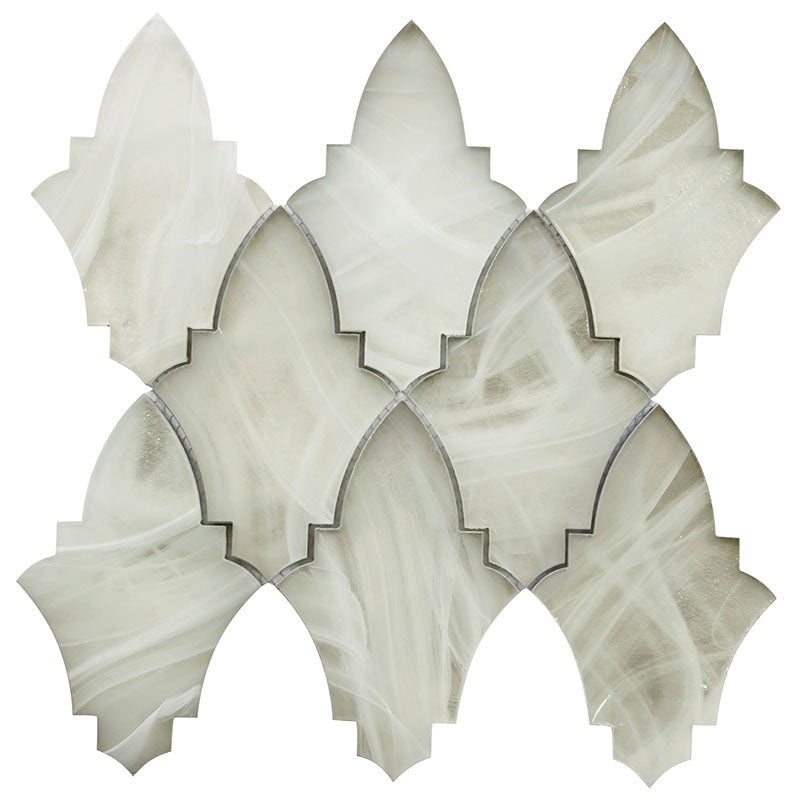 Cloud 9 Silver White Stratus Glass Mosaic - 3.7" X 5.9" Arabesque - Glossy