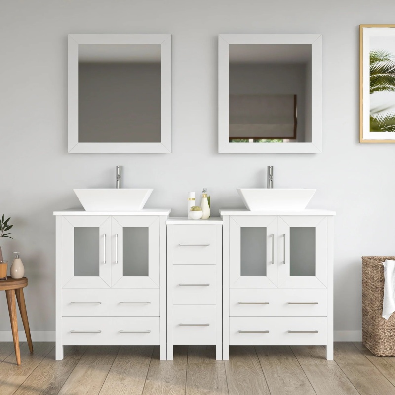 Vanity Art White Solid Wood Bathroom Vanity with Basin, Engineered Marble Top and Mirror, 60" x 18.5" x 36"