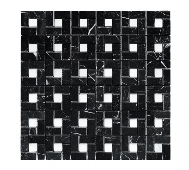 Nero Marquina Marble Mosaic - Mini Pinwheel With White Dots