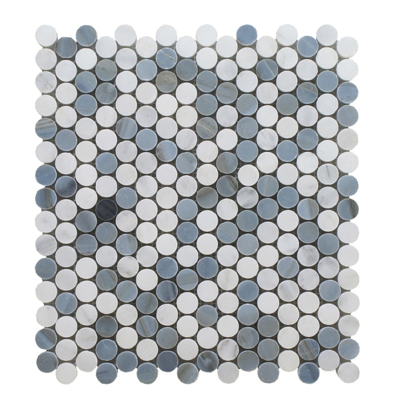 Oriental White Marble Mosaic - 3/4" Penny Round With Blue Stones - Polished