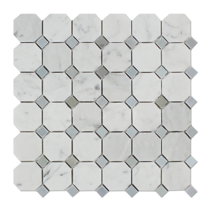 White Carrara Marble Mosaic - Octagon With Blue/Gray Dots