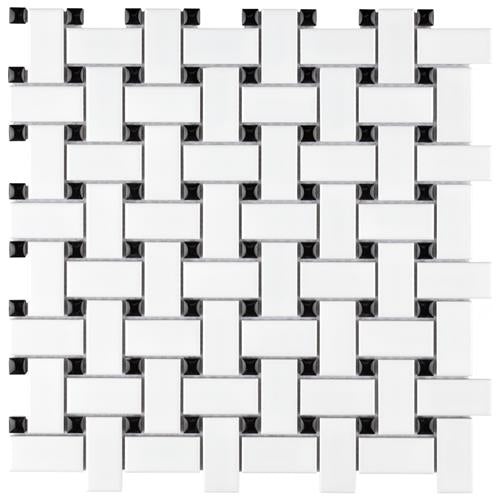 Metro White With Black Dot Porcelain Mosaic - Basket Weave - Matte
