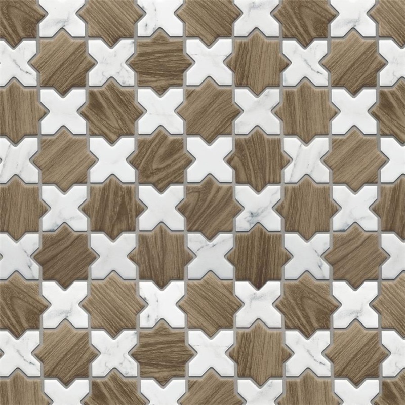 Llama Noce Brown With Calacatta Porcelain Mosaic - 2" X 2" Star - Matte