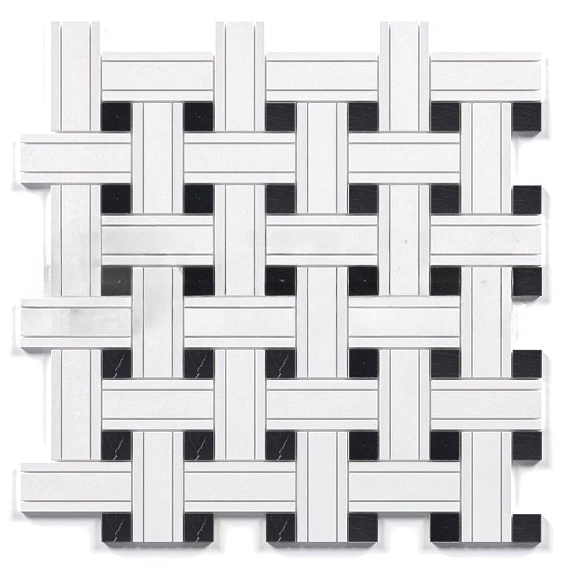 Thassos White Marble Mosaic - Triple Weave With Black Dots
