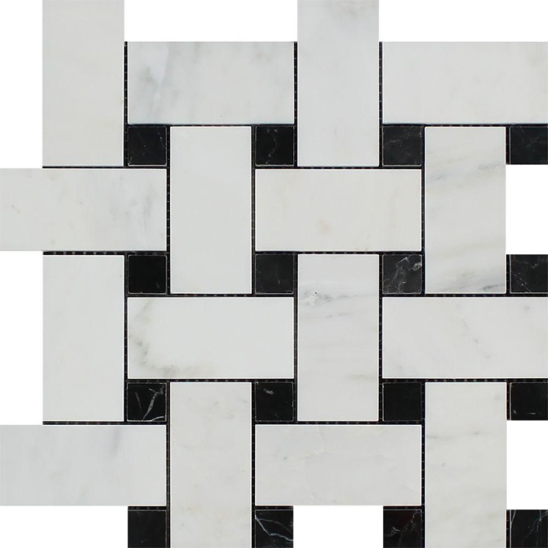 Oriental White Marble Mosaic - Large Basket Weave With Black Dots