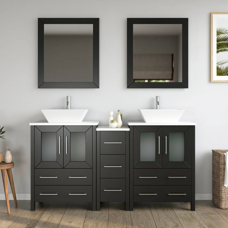 Cvc Espresso Solid Wood With Basin Engineered Marble Top And Mirror Cvc24 Bathroom Cabinet - 60" X 18.5" X 36" - Espresso