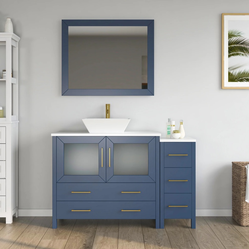 Cvc Blue Solid Wood With White Engineered Marble Top And Mirror Cvc36 Bathroom Cabinet - 48" X 18.5" X 36" - Blue