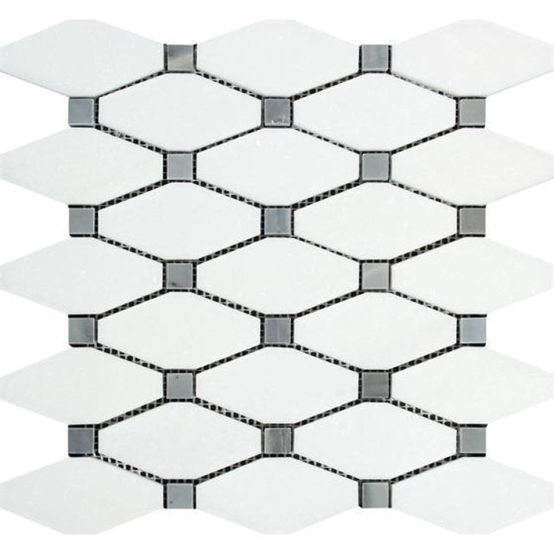 Thassos White Marble Mosaic - Elongated Octagon With Gray Dots