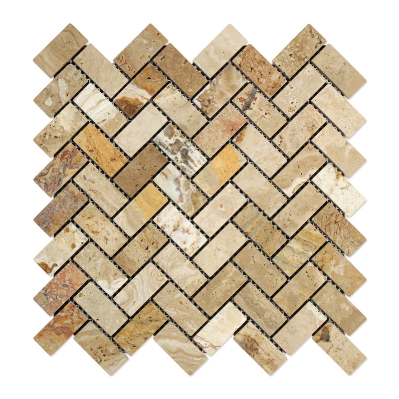 Valencia Travertine Mosaic - 1" X 2" Herringbone - Tumbled