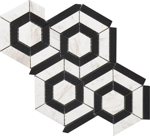 Rock Art Black White Stone & Glass Mosaic - Hexagon - Polished