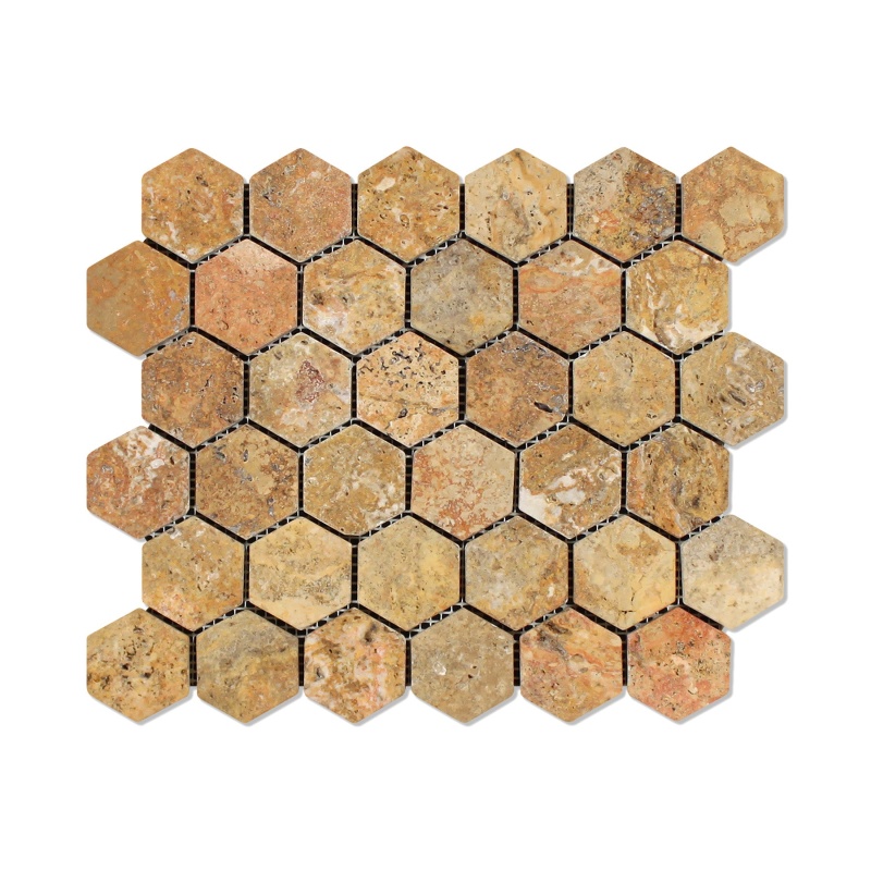 Scabos Cross Cut Travertine Mosaic - 2" Hexagon - Tumbled