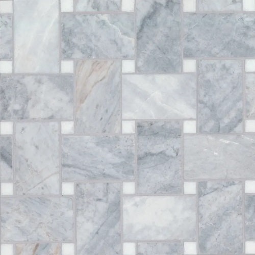 Jumbo Glorious Blue & Thassos Dot Marble Mosaic - Basket Weave - Honed