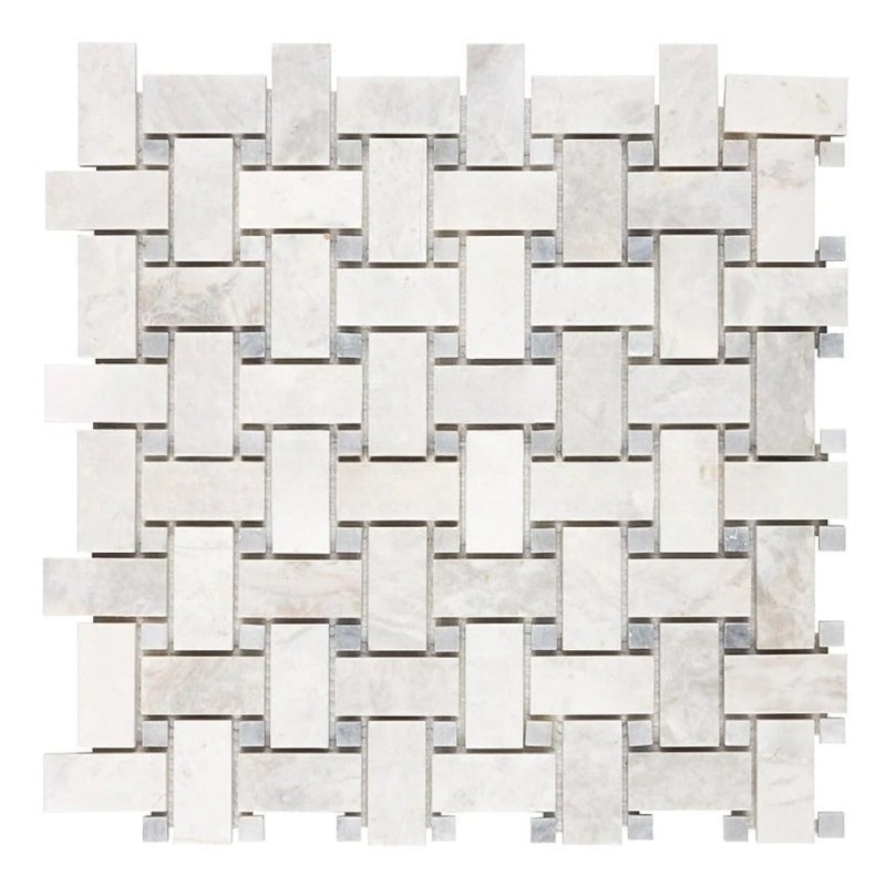 Bianco Congelato Dolomite Mosaic - Basket Weave With Blue/Gray Dots - Leather