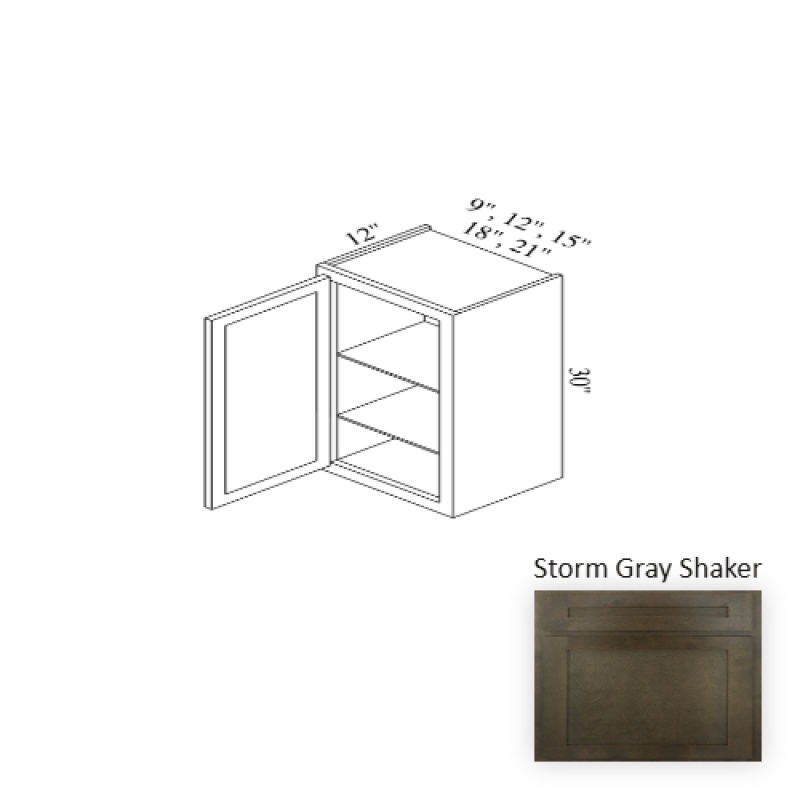 Storm Gray Shaker Wood Kitchen Wall Cabinet, 9" x 30" x 12"