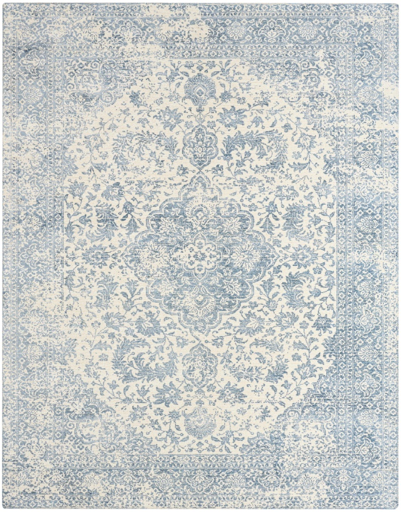 Azalea Ivory Blue Aza01 Wool Blend Farmhouse Area Rug - 2 Ft X 10 Ft - Ivory Blue