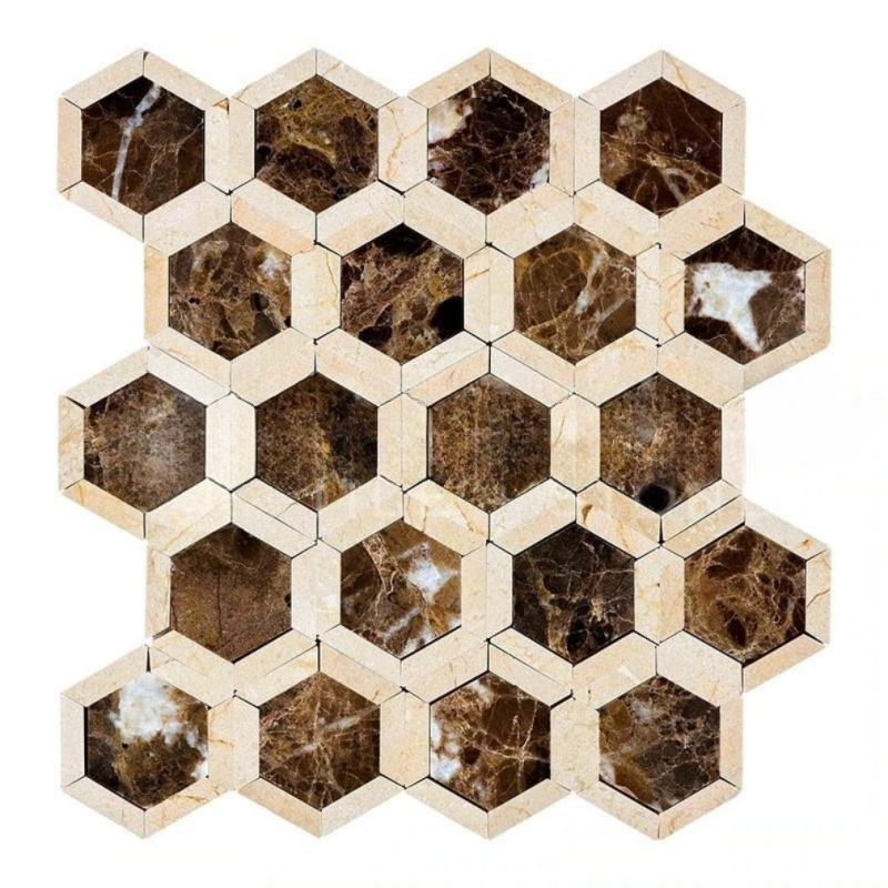 Emperador Dark Marble Mosaic - 2" X 2" Vortex Hexagon With Crema Marfil - Polished