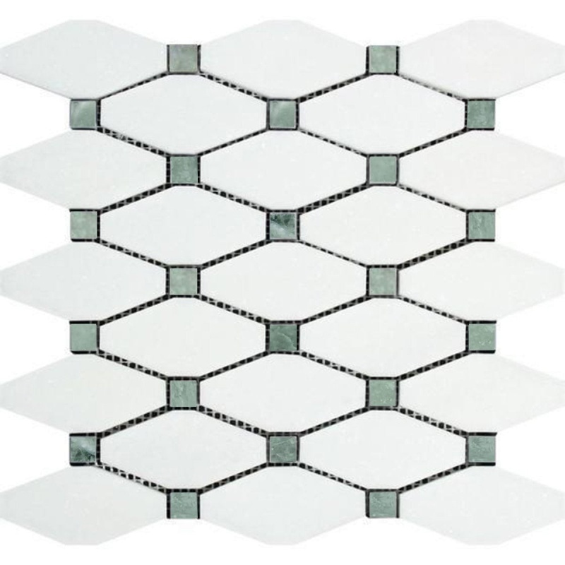 Thassos White Marble Mosaic - Elongated Octagon With Ming Green Dots