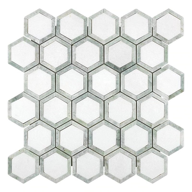 Thassos White Marble Mosaic - 2" X 2" Vortex Hexagon With Ming Green