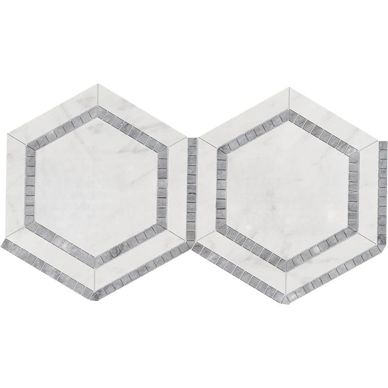 Oriental White Marble Mosaic - 5" Hexagon With Blue/Gray
