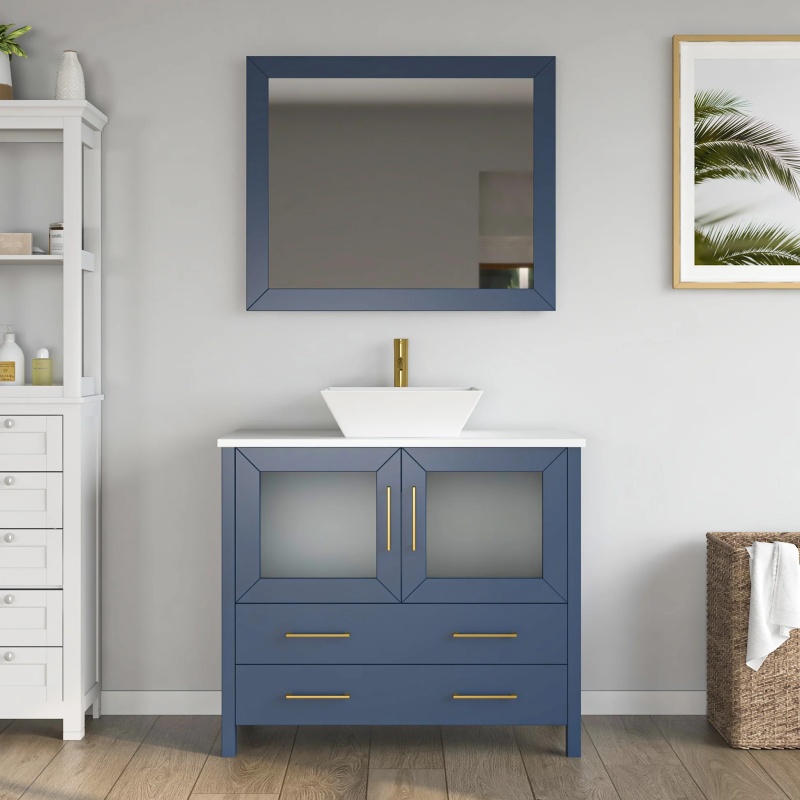 Cvc Blue Solid Wood With White Engineered Marble Top And Mirror Cvc36 Bathroom Cabinet - 36" X 18.5" X 36" - Blue