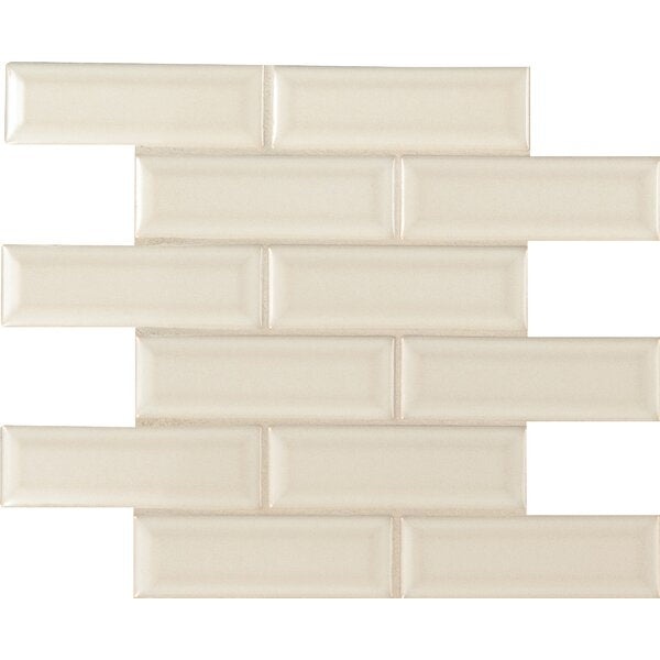 Highland Park Antique White Ceramic Mosaic - 2" X 6" Beveled Brick - Glossy, Per Pack: 10 Sqft