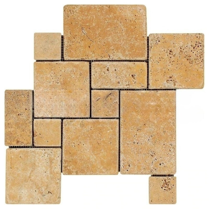 Golden Sienna Travertine Mosaic - Opus Mini Pattern - Tumbled