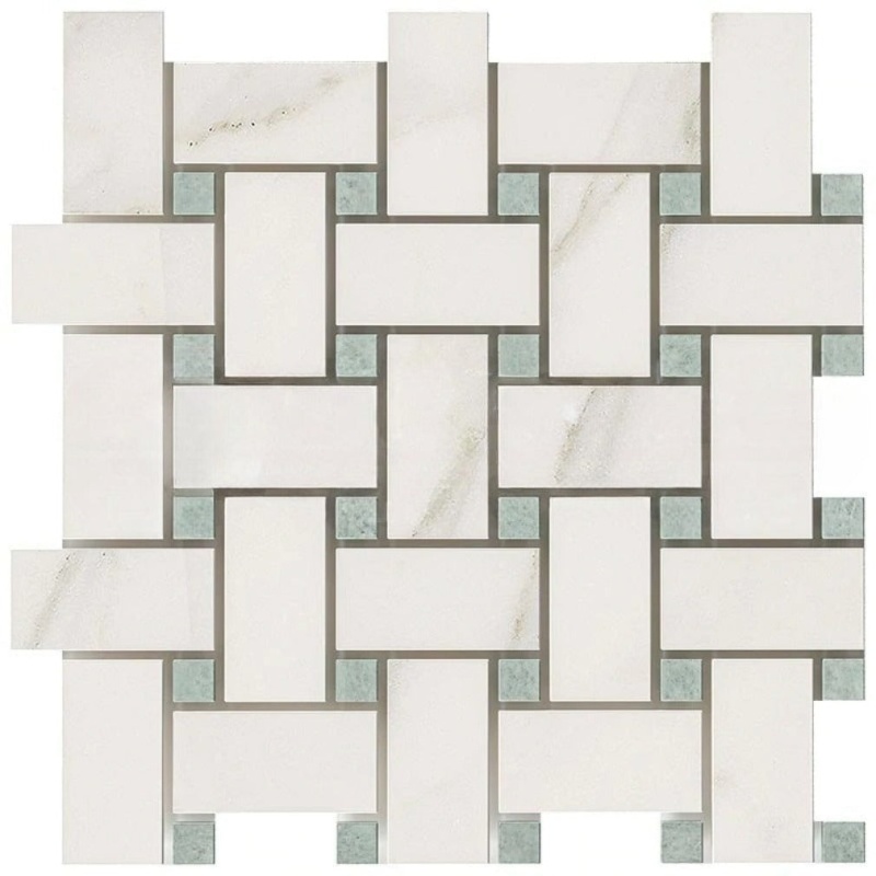 Calacatta Gold Marble Mosaic - Large Basket Weave With Ming Green Dots