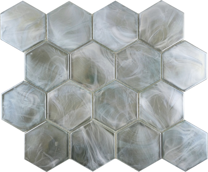 Splash Moss Stone & Glass Mosaic - 3" Hexagon - Glossy