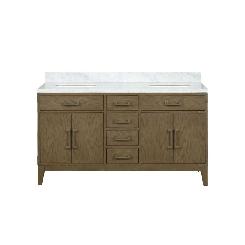 Laurel Grey Oak Wood Freestanding Double Sink Bathroom Vanity With Carrara Marble Top - 60" - Grey Oak