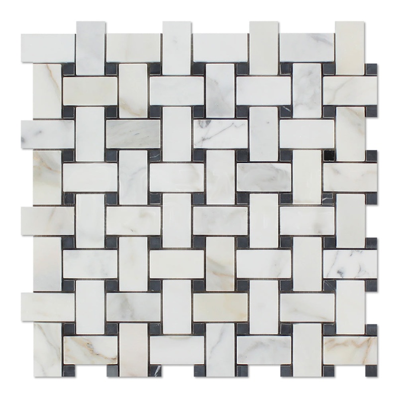 Calacatta Gold Marble Mosaic - Basket Weave With Black Dots