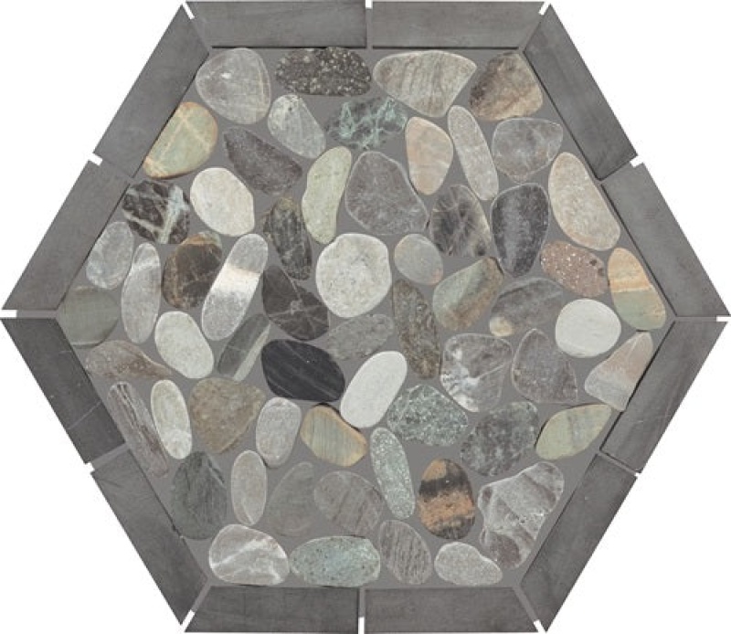Pebble Oasis Coastal Pebble Mosaic - Framed Hexagon - Tumbled