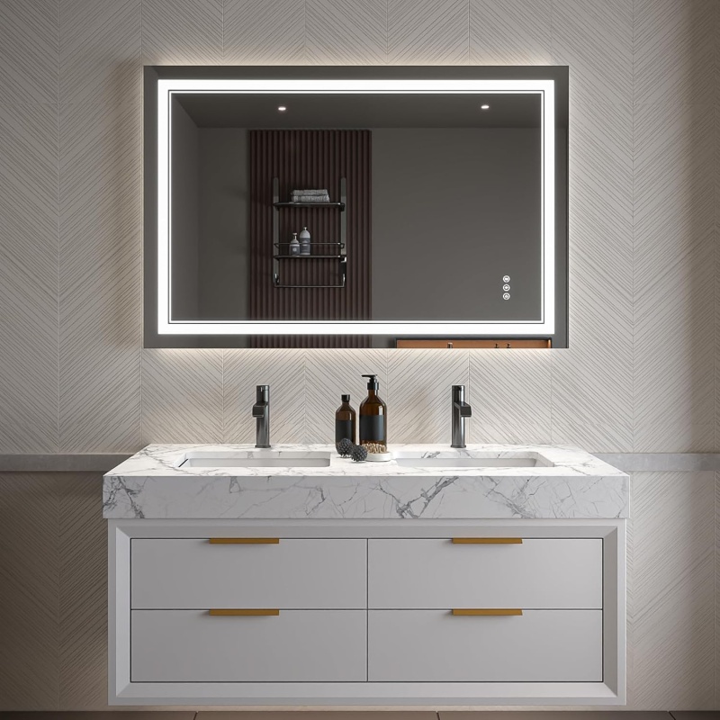 Clear Glass Wall Led Bathroom Mirror - 48" X 32" - Clear