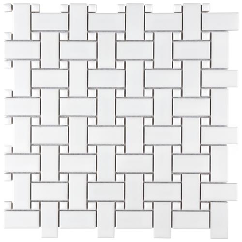 Metro White With White Dot Porcelain Mosaic - Basket Weave - Matte
