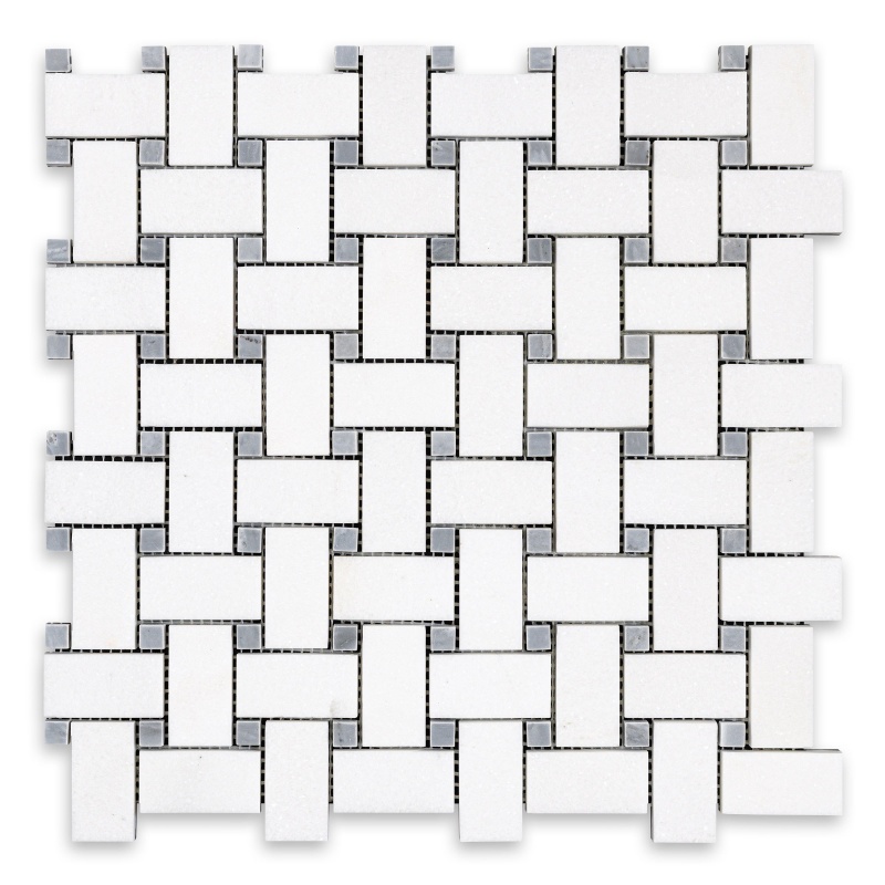 Thassos White Marble Mosaic - Basket Weave With Blue Dots