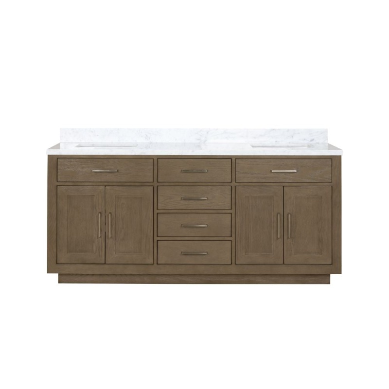 Abbey Grey Oak Wood Freestanding Double Sink Bathroom Vanity with Carrara Marble Top - 72"