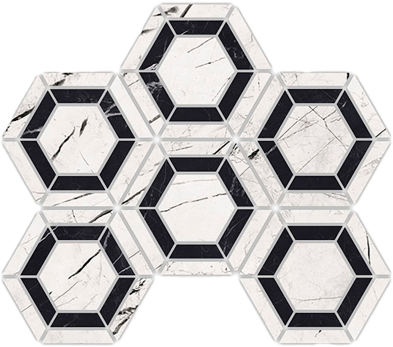 Marquina W/B Double Porcelain Mosaic - 4" X 4" Hexagon - Polished