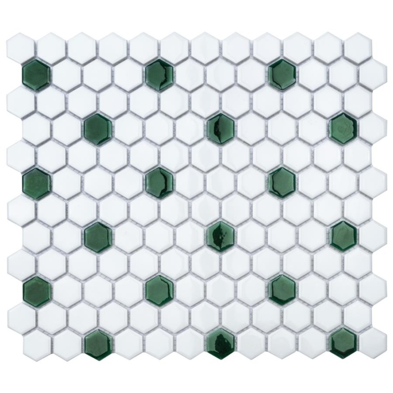 Metro Ion White With Emerald Dot Porcelain Mosaic - 1" Hexagon - Glossy