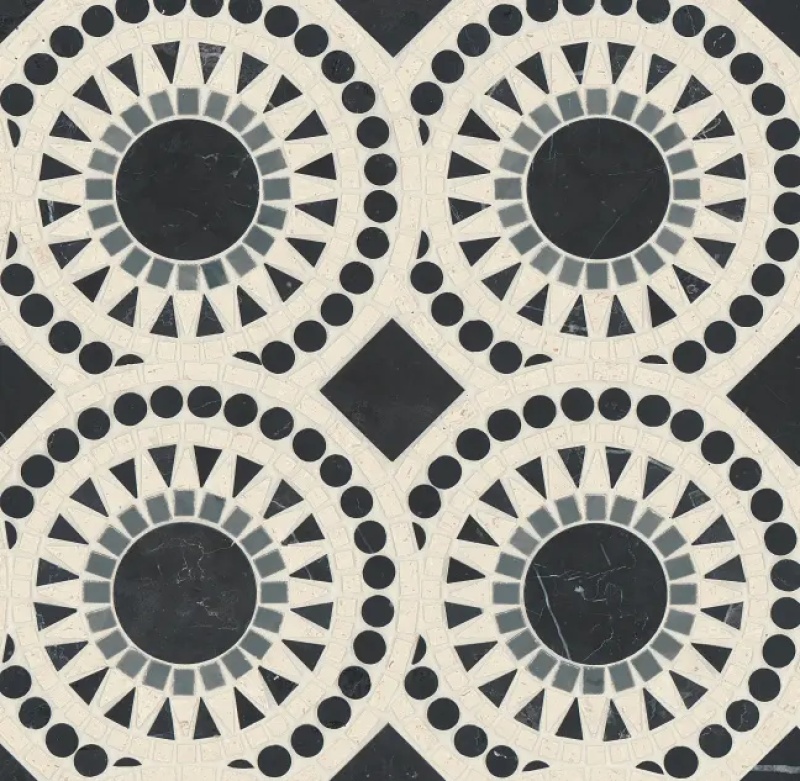 Solis Nero Marquina / Bardiglio/ Myra Beige Marble Mosaic - 14 1/4" X 14 1/4" - Honed
