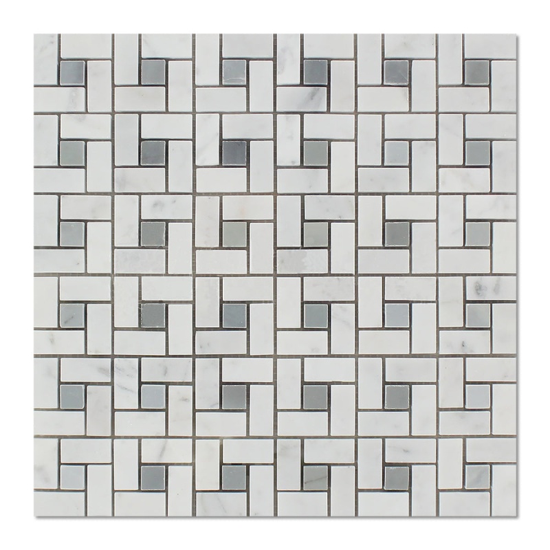 White Carrara Marble Mosaic - 5/8" X 1 1/4" Pinwheel With Gray Dots