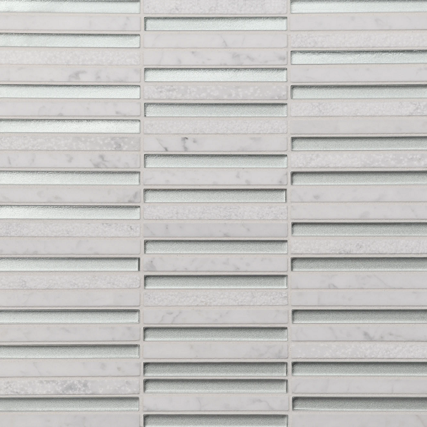 Kaikos Silver & White Carrara Stone & Glass Mosaic - 3/8" X 4" Stacked - Matte