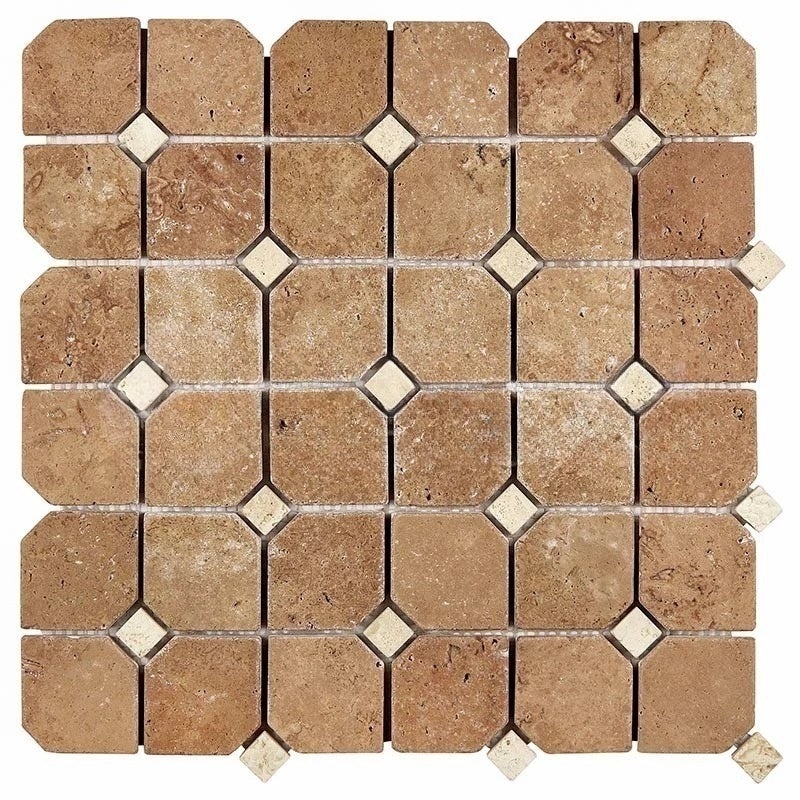 Noche Cross Cut Travertine Mosaic - Octagon With Ivory Dots - Tumbled