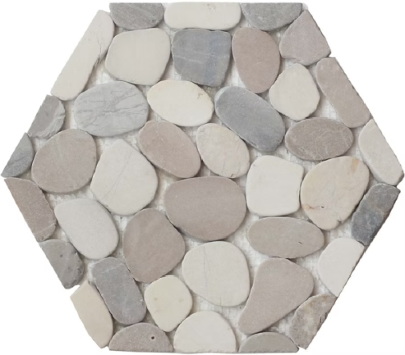 White, Tan & Grey Pebble Mosaic - 6" Hexagon - Honed