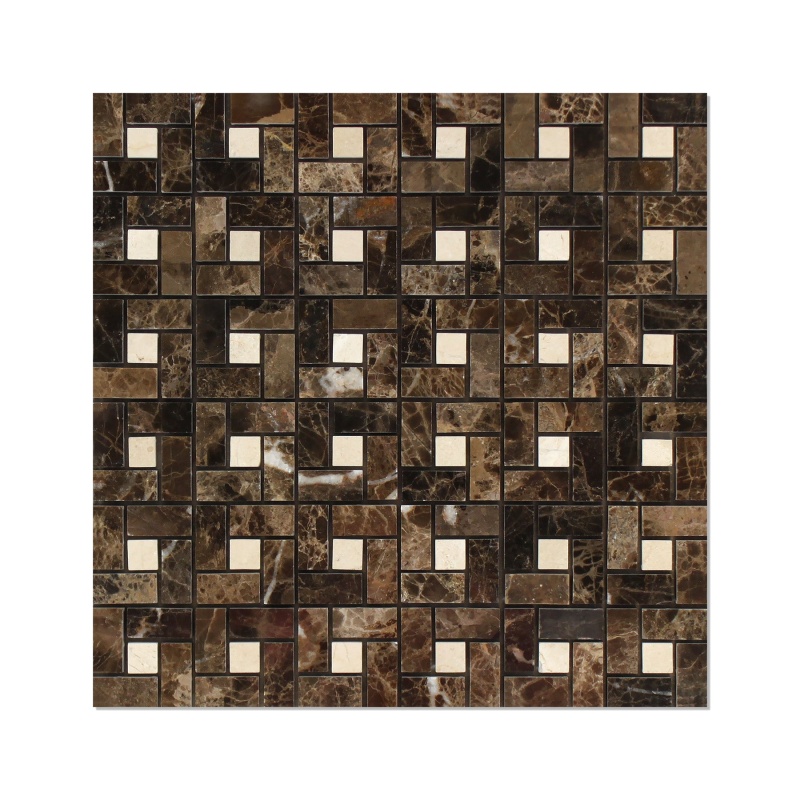 Emperador Dark Marble Mosaic - 5/8" X 1 1/4" Pinwheel With Crema Marfil Dots - Polished