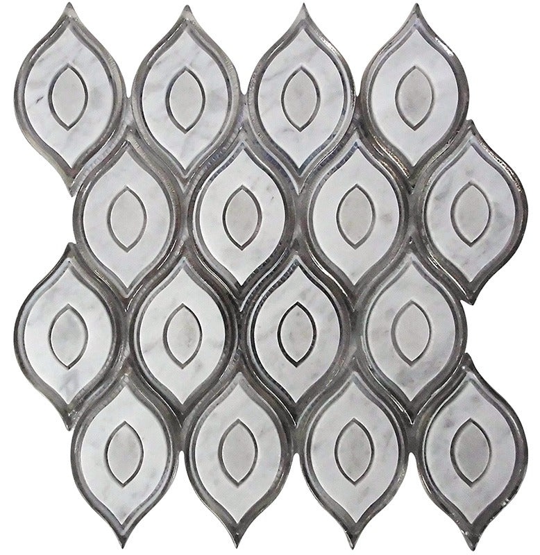 Skalini Line Waterjet Carrara Stone & Glass Mosaic - Peacock White - Polished