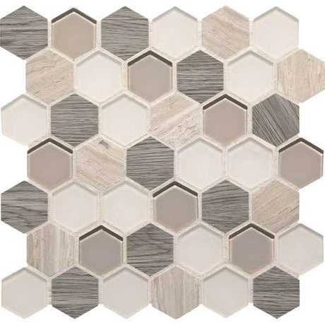 Idyllic Blends Serene Storm Glass, Stone, & Lvt Mosaic - 2" Hexagon - Honed